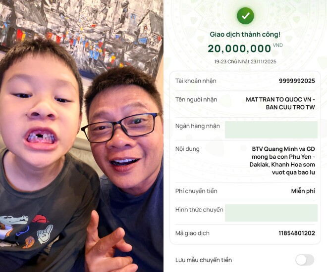 Con trai 7 tuổi của BTV Quang Minh vay bố 10 triệu đồng để ủng hộ đồng bào miền Trung bị lũ lụt 1 Con trai BTV Quang Minh vay bố 10 triệu đồng để ủng hộ đồng bào vùng lũ.