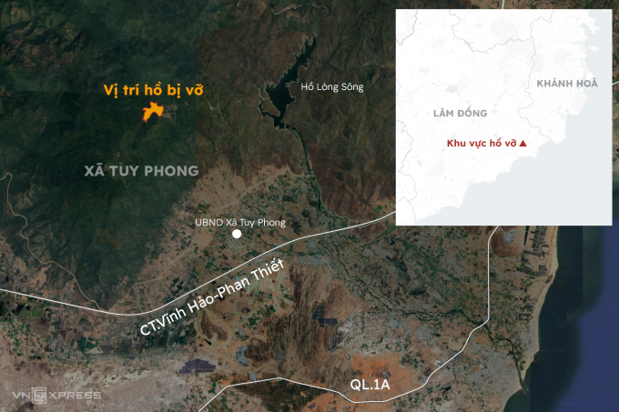 Vị trí hồ chứa trên núi ở xã Tuy Phong. Đồ hoạ: Hoàng Khánh