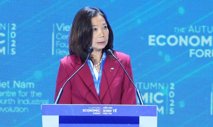 Bà Pauline Tamesis, Điều phối viên thường trú của Liên Hợp Quốc tại Việt Nam tại Diễn đàn Kinh tế mùa Thu năm 2025, sáng 26/11. Ảnh ban tổ chức