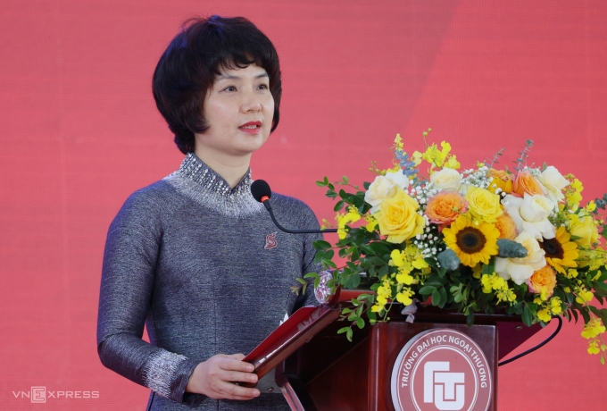 Bà Phạm Thu Hương tại sự kiện 65 năm - Khát vọng Ngoại thương, sáng 15/11. Ảnh: Thanh Hằng