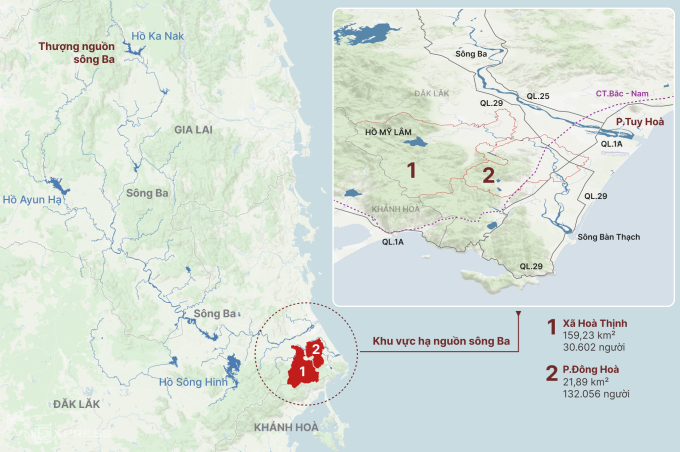 Bản đồ xã Hòa Thịnh và phường Đông Hòa, hai khu vực ngập sâu nhất Đăk Lăk (Phú Yên cũ). Đồ họa: Hoàng Khánh
