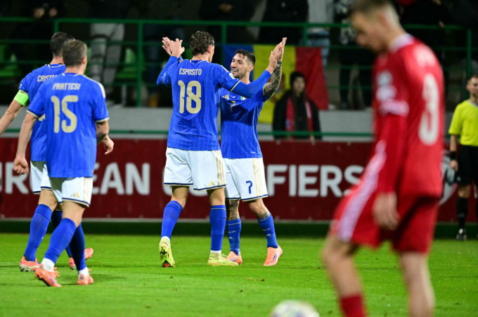 Italy thắng nhọc Moldova 2-0 ở lượt áp chót bảng I vòng loại World Cup 2026 khu vực châu Âu. Ảnh: AFP