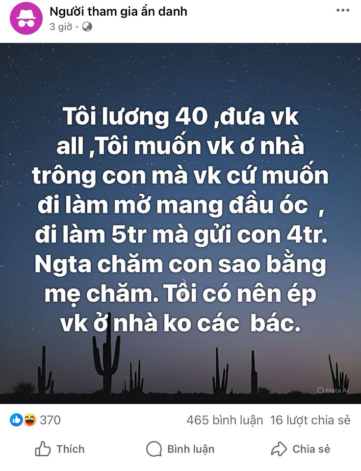 Lương vợ 5 triệu, chồng bắt nghỉ ở nhà chăm con vì “lương tôi 40 triệu”- Ảnh 1.
