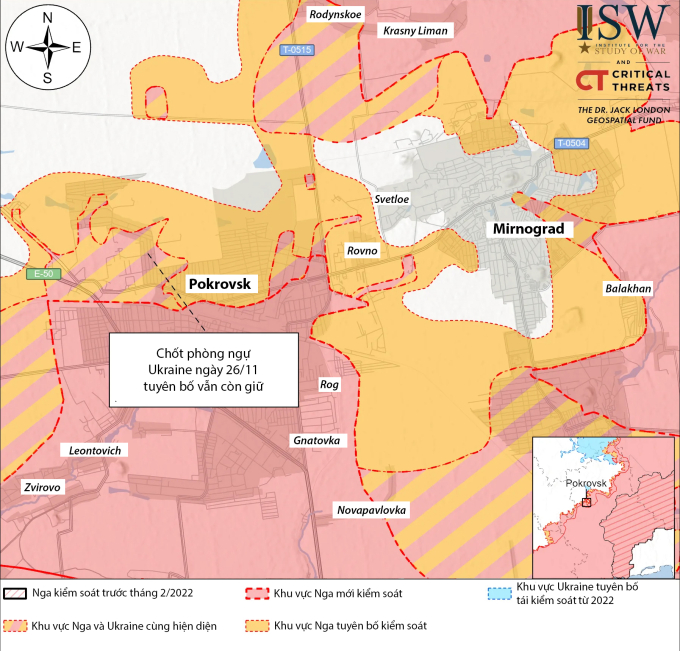 Cục diện mặt trận Pokrovsk - Minograd, tỉnh Donetsk tính đến ngày 26/11. Đồ họa: ISW