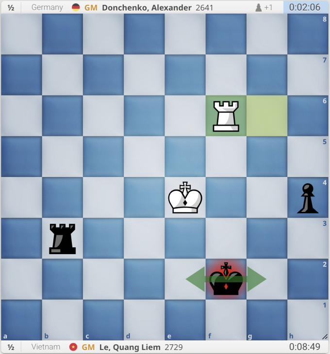Thế cờ sau nước 69.Rf6. Quang Liêm vừa chiếu liên tiếp bằng xe ở g6 và f6, đặt ra câu hỏi cho Donchenko nên đi vua sang g2 hay e2.