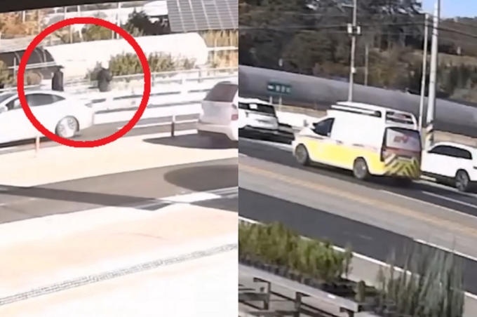 Nhân viên và người liên quan chạy đến hiện trường vụ tai nạn giao thông xảy ra trong giải marathon tổ chức ngày 10/11 tại huyện Okcheon, tỉnh Bắc Chungcheong. Bên phải là xe cứu thương chở vận động viên bị thương. Ảnh: chụp từ bản tin MBC