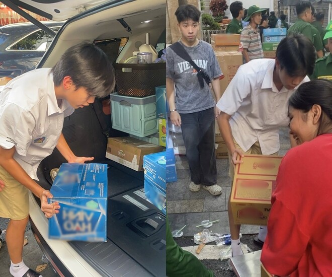 Subeo tự dùng tiền tiết kiệm ít ỏi làm từ thiện, "doanh nhân phố núi" Cường Đô La xúc động khi xem hình chụp trộm của con 1 Con trai của Cường Đô La và Hồ Ngọc Hà quyên góp vật phẩm cho người dân vùng lũ.