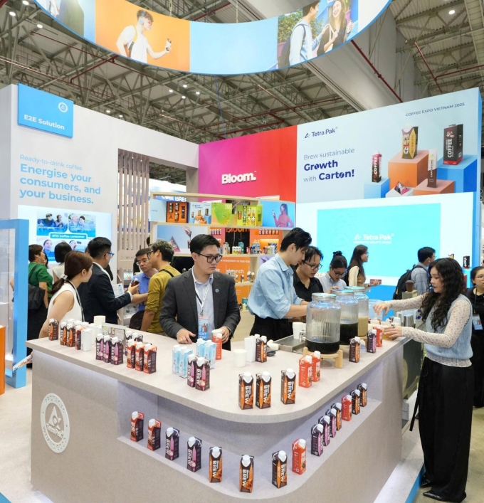 Gian hàng Tetra Pak tại Coffee Expo 2025 thu hút nhiều doanh nghiệp và khách tham quan. Ảnh: Tetra Pak