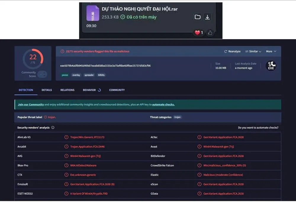 Mã độc ẩn danh dưới tập tin “DỰ THẢO NGHỊ QUYẾT ĐẠI HỘI.rar” tin-tac-loi-dung-dai-hoi-dang-dung-ma-doc-chiem-quyen-dieu-khien-danh-cap-du-lieu1.jpg
