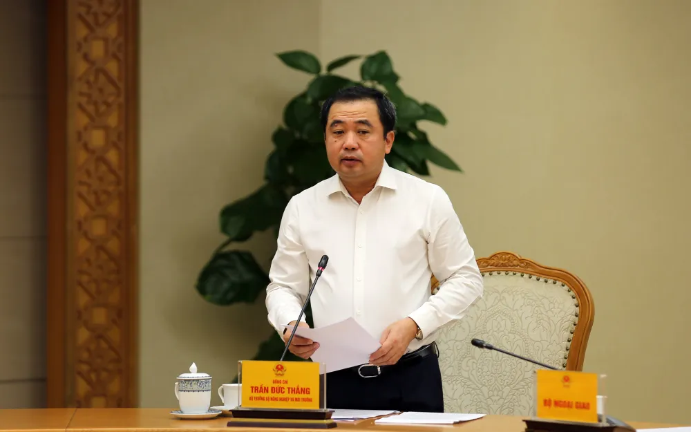 Bộ trưởng Bộ NN&MT Trần Đức Thắng báo cáo về diễn biến bão số 13. Ảnh: VGP c11a1478-1762306108446572257452.jpg