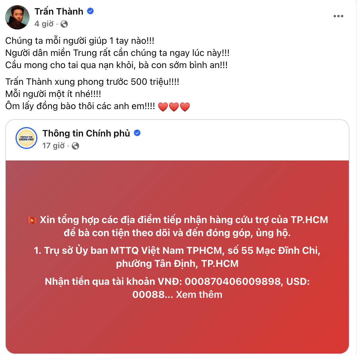 Trấn Thành - HIEUTHUHAI chuyển khoản nóng hàng trăm triệu, Hương Giang vừa về nước liền đến hỗ trợ vùng lũ- Ảnh 1.