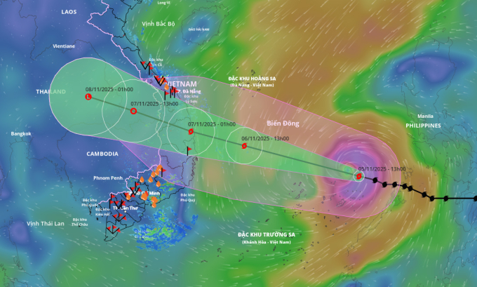 Dự báo đường đi và khu vực ảnh hưởng của bão lúc 13h hôm nay. Ảnh: Hệ thống giám sát thiên tai Việt Nam