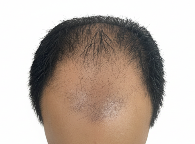 Nam giới bị hói chữ M do rụng tóc nội tiết tố. Ảnh được tạo bởi AI