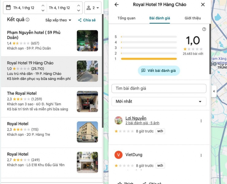 Loạt đánh giá 1 sao trên Google Map. Ảnh chụp màn hình