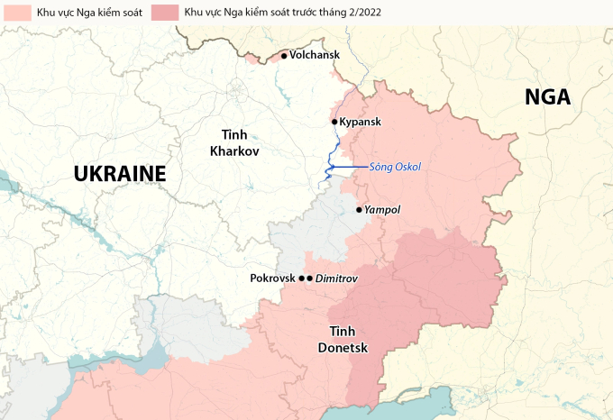 Vị trí thành phố Pokrovsk và Vovchansk, Nga gọi là Volchansk, ở Ukraine. Đồ họa: RYV