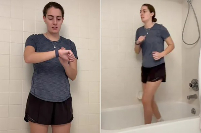 Cassie thực hiện thử thách chạy một dặm trong bồn tắm. Ảnh chụp màn hình