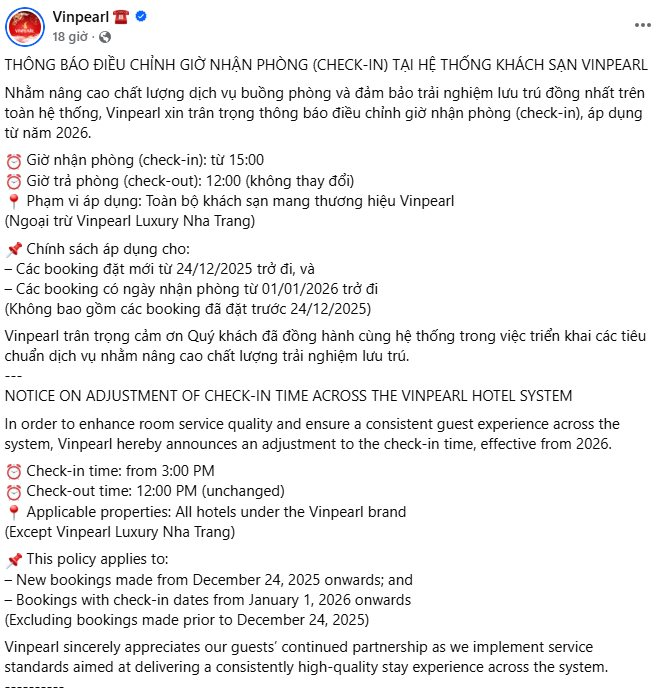 Từ năm 2026, hệ thống khách sạn Vinpearl thông báo lùi giờ check-in 1 tiếng- Ảnh 2.