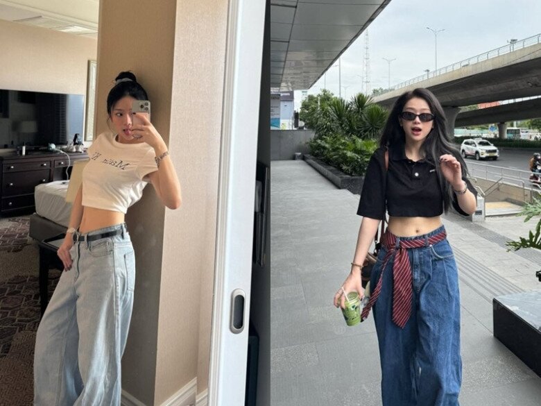 Phong cách ăn mặc cá tính với quần jeans và áo crop top giúp Linh Ka khoe trọn vòng eo thon.