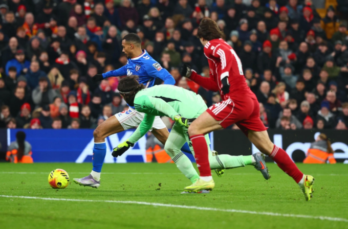 Wilson Isidor vượt qua Alisson rồi dứt điểm, nhưng bị Federico Chiesa cản trước vạch vôi. Ảnh: Shutterstock