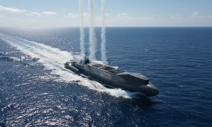 Mô phỏng tàu ba thân có khả năng lặn mang tên lửa. Đồ họa: X/Zhao Dashuai