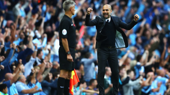 HLV Pep Guardiola ăn mừng trận thắng Sunderland 2-1 tại Ngoại hạng Anh ngày 13/8/2016. Ảnh: Man City