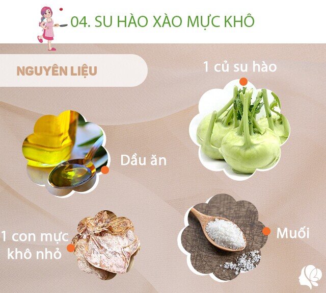 Hôm nay nấu gì: Cơm tối 4 món cực hấp dẫn 9 Nguyên liệu: 1 con mực khô nhỏ cỡ bàn tay - Su hào: 1 củ - 1/2 củ cà rốt - 1 nhánh gừng, 2 củ hành khô, 2 nhánh hành lá, 2 cây rau mùi - Muối, đường, rượu trắng, dầu ăn, mì chính, tiêu.