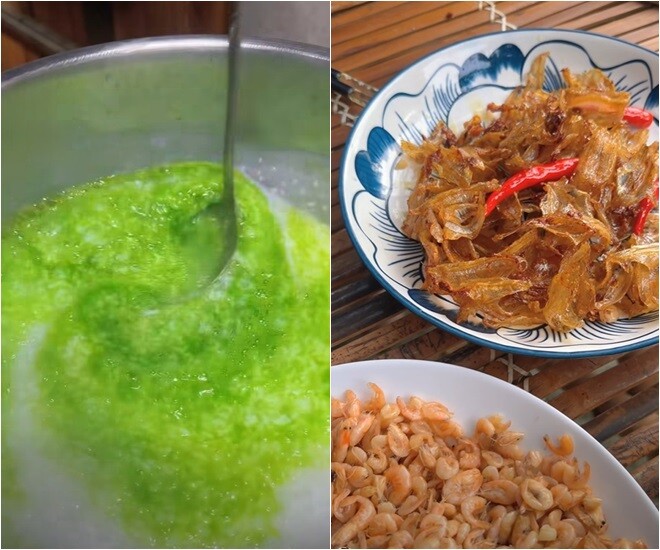 Trở lại mạng xã hội sau đột quỵ, tài tử Huỳnh Anh Tuấn nấu ăn như thế nào? 6 Bên trái là nồi cháo lá dứa có màu xanh đẹp mắt. Bên phải là đĩa cá cơm chiên giòn tỏi ớt và đĩa tép rang.