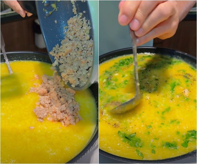 Trở lại mạng xã hội sau đột quỵ, tài tử Huỳnh Anh Tuấn nấu ăn như thế nào? 7 Cháo bí đỏ thịt băm cũng được nam diễn viên ưu tiên chế biến. Món cháo màu cam nhạt, thơm nhẹ vị ngọt tự nhiên, bổ sung vitamin A rất tốt cho thị lực và sức đề kháng.