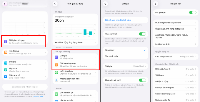Màn hình thiết lập thời gian sử dụng cho iPad trên máy của phụ huynh.
