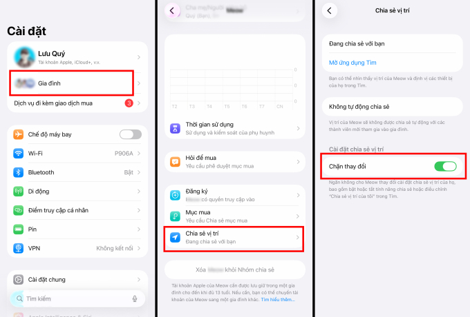Các thao tác để bật chia sẻ vị trí và khoá cài đặt này của thiết bị.