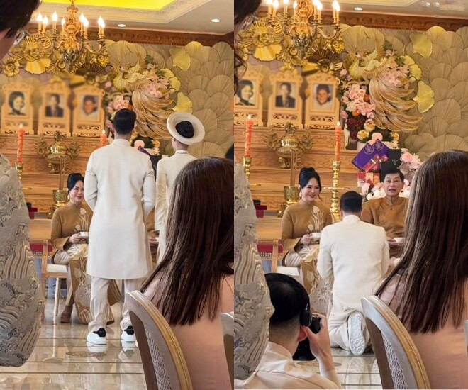 Khoảnh khắc cô dâu - chú rể quỳ chào bố mẹ.