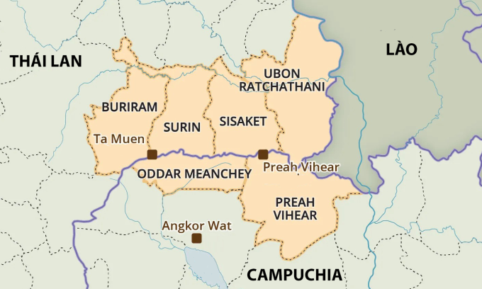 Khu vực các tỉnh biên giới và đền thờ (chấm vuông màu nâu) xảy ra giao tranh giữa Campuchia và Thái Lan trong năm 2025. Đồ họa: Britannica