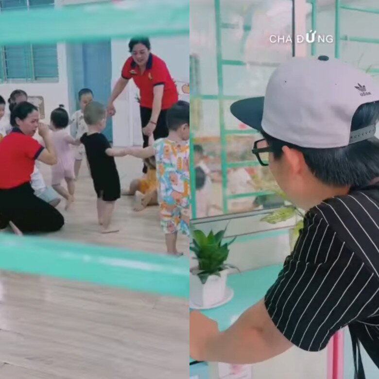 Con trai Hòa Hiệp 1 tuổi đã đi học mẫu giáo, được Bá Thắng dắt tay đưa đến trường 2 Nghệ sĩ Hòa Hiệp đứng ở ngoài cửa lớp để ngắm nhìn quý tử học tập.