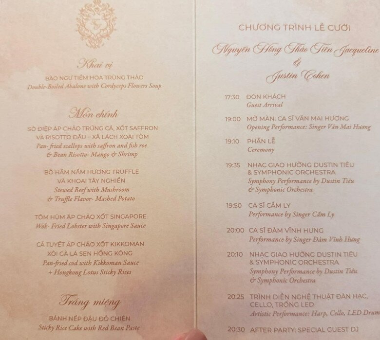 Đám cưới con gái tỷ phú Johnathan Hạnh Nguyễn: Mâm tiệc toàn đặc sản nhà giàu, xứng tầm ái nữ "Vua hàng hiệu" 3 Gia đình đãi khách mời một menu gồm nhiều món cao cấp, với nguyên liệu đắt tiền và cách chế biến cầu kỳ.