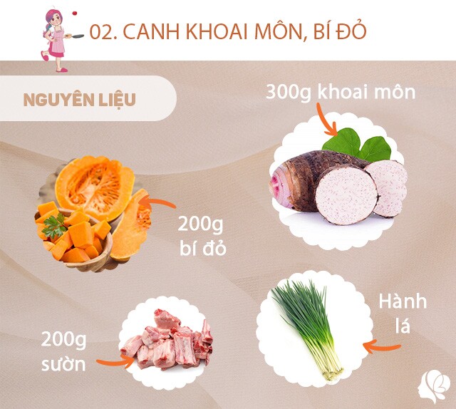 Hôm nay nấu gì: Bữa tối siêu ngon, chẳng ai muốn bỏ qua 5 Chuẩn bị: 300g khoai môn, 200g sườn, 200g bí đỏ, muối, hành khô, ít rau mùi, hành lá.