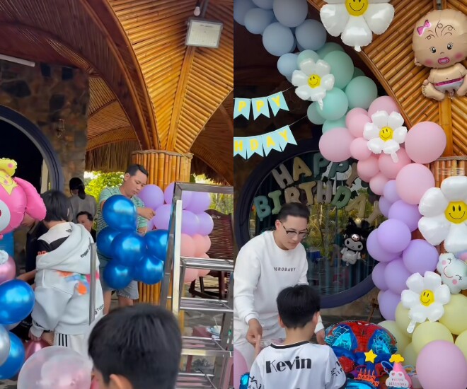 Thanh Đoàn và Hà Trí Quang làm sinh nhật hoành tráng cho 2 con chung, khoe ông nội tự tay trang trí tiệc cho cháu 2 Hà Trí Quang cùng các thành viên trong gia đình trang trí buổi tiệc.