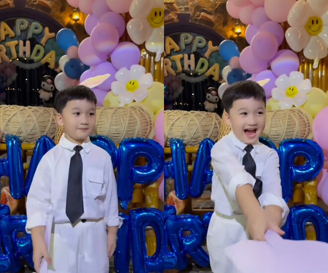 Thanh Đoàn và Hà Trí Quang làm sinh nhật hoành tráng cho 2 con chung, khoe ông nội tự tay trang trí tiệc cho cháu 3 Con trai Hà Trí Quang diện trang phục trắng, được khen như “tiểu thiếu gia”.