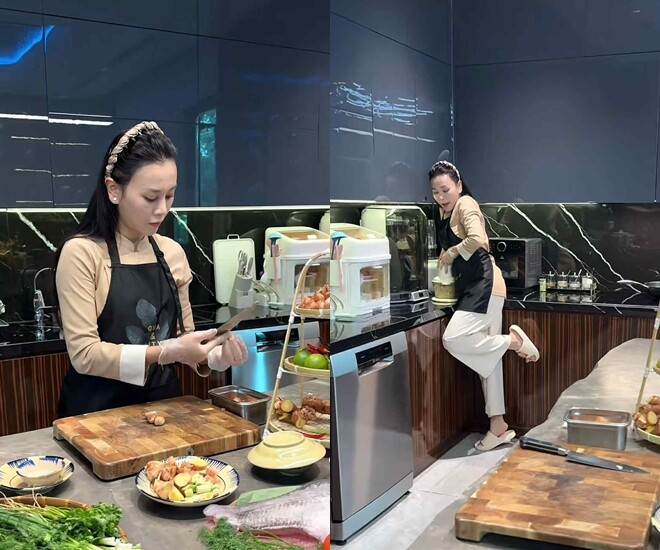 Các thao tác vào bếp của nữ diễn viên vẫn rất thuần thục và chuyên nghiệp.