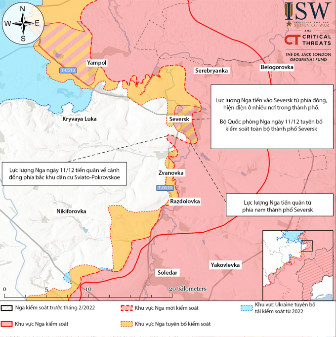 Cục diện chiến sự tại thành phố Seversk, tỉnh Donetsk tính đến ngày 11/12. Đồ họa: ISW