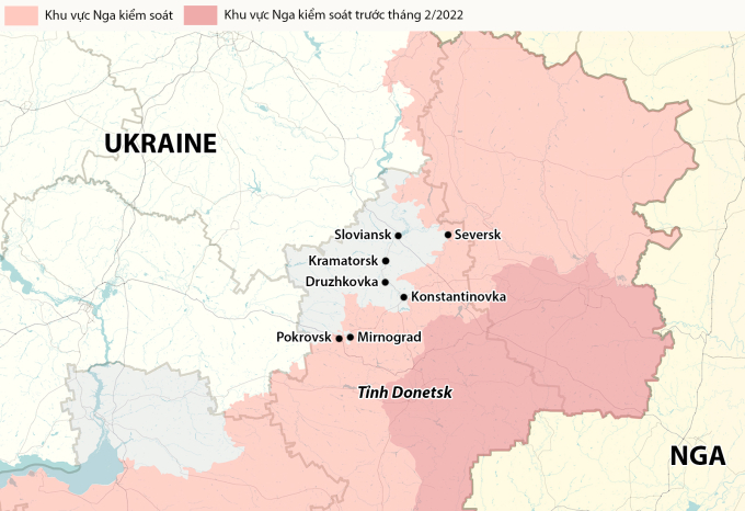 Vị trí Seversk và chuỗi đô thị - pháo đài của Ukraine tại tỉnh Donetsk. Đồ họa: RYV