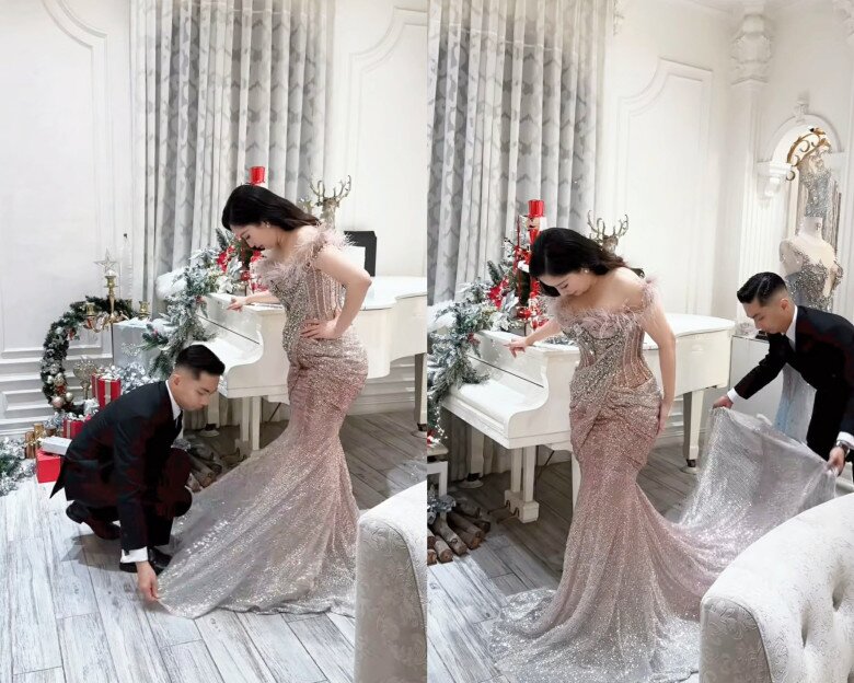 Phan Hiển lại "cầu hôn" Khánh Thi bằng nhẫn kim cương, vợ chồng có 3 con vẫn tình như mới cưới 2 Phan Hiển chu đáo chỉnh váy cho bà xã.