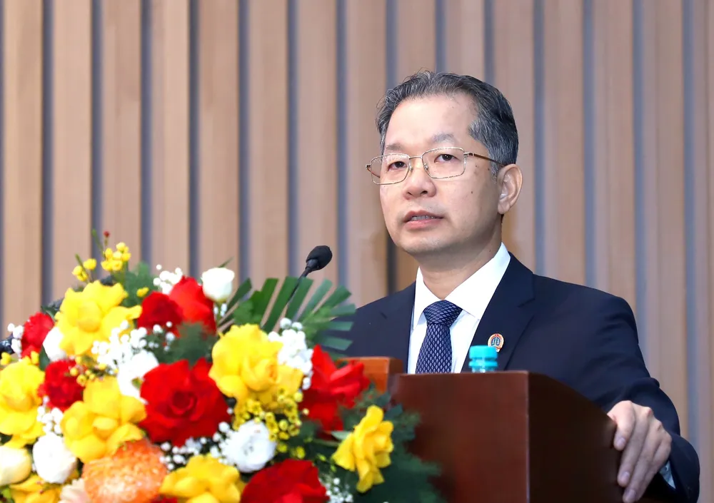 Chánh án TAND Tối cao Nguyễn Văn Quảng phát biểu tại Hội nghị. Ảnh: Nam Anh TAND TP Hà Nội 3.jpg