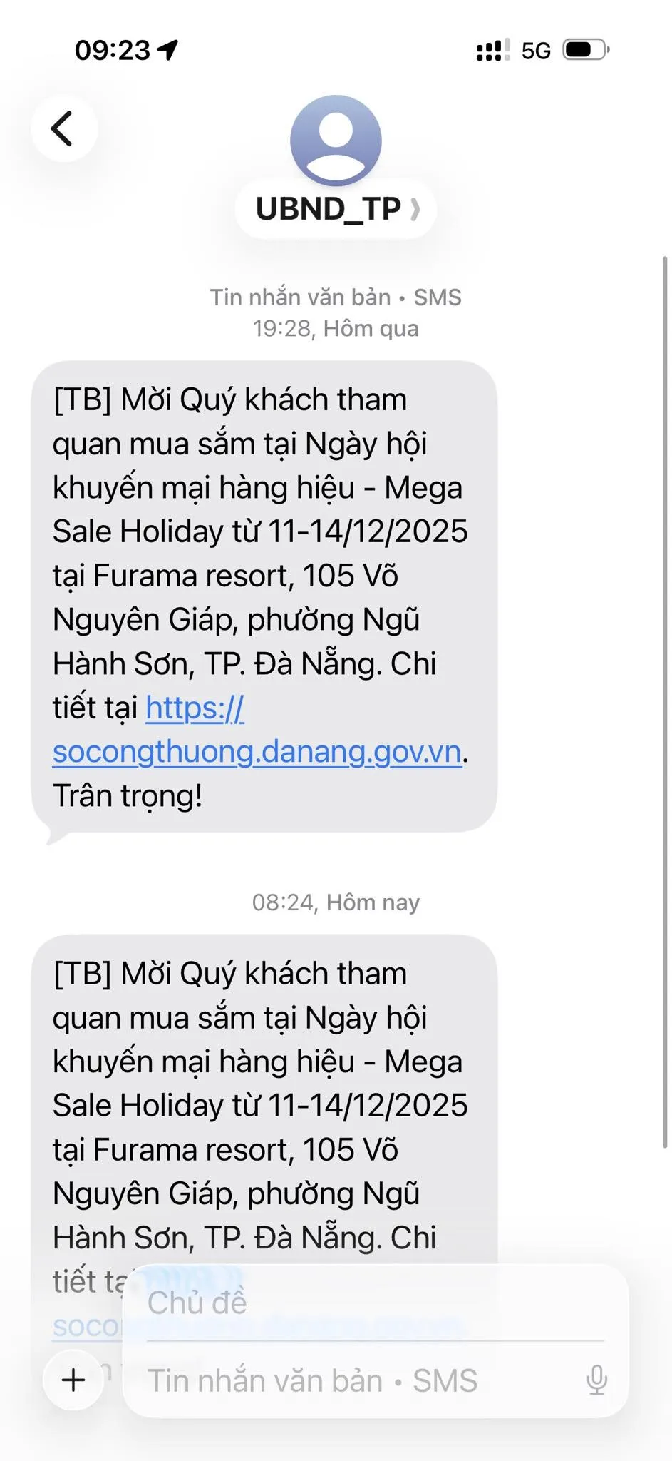 Hai tin nhắn cùng nội dung được gửi trong hai ngày liên tiếp. Ảnh chụp màn hình tin-nhan-1.jpg