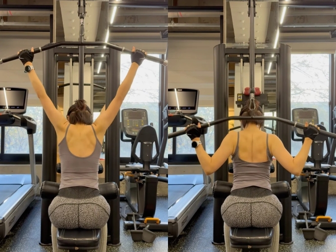 Thói quen giúp Son Ye Jin có lưng thon nuột nà 2 Bài tập Lat Pulldown Behind the Neck tập trung vào cơ xô và bả vai.