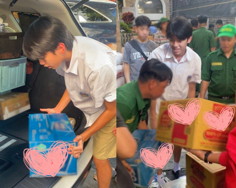 Vợ chồng Cường Đô La hạnh phúc bên 3 con, Subeo nay trổ mã như hot boy là "bản sao" của bố 6 Hình ảnh Subeo tự bê các thùng nhu yếu phẩm để gửi cho bà con vùng lũ.