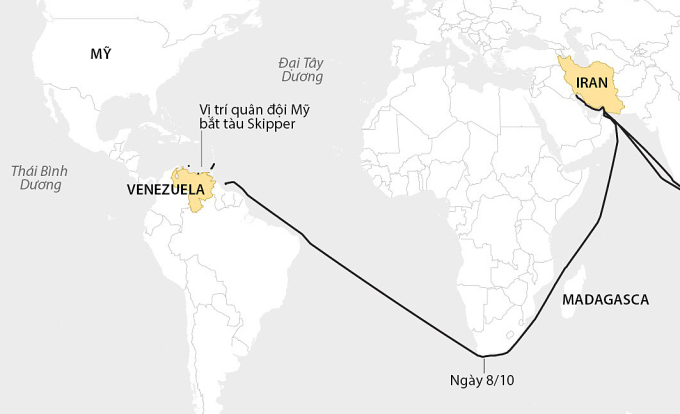 Hành trình của tàu Skipper trước khi bị quân đội Mỹ bắt ngày 10/12. Đồ họa: Washington Post