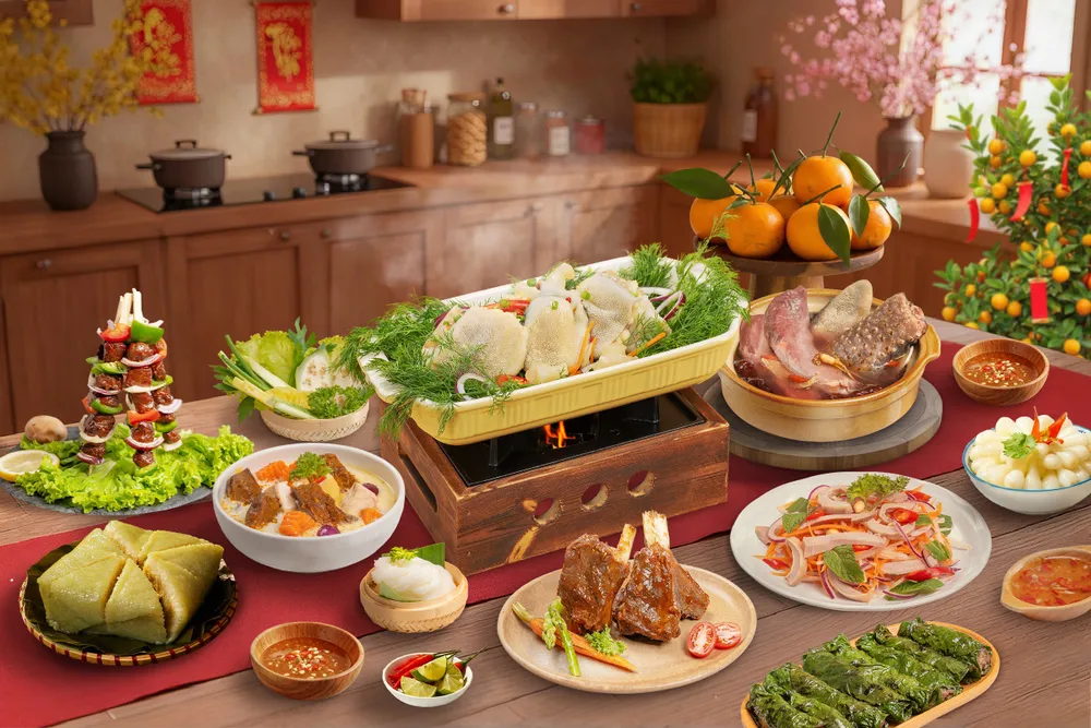 Mâm cỗ ngày Tết với các món ăn được chế biến từ thịt đà điểu VietOstrich. H1.jpg