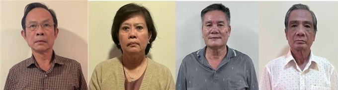 Từ trái qua, các bị can Trần Ngọc Thuận; Nguyễn Thị Hồng; Võ Sỹ Lực; Trần Thoại. Ảnh: Bộ Công an