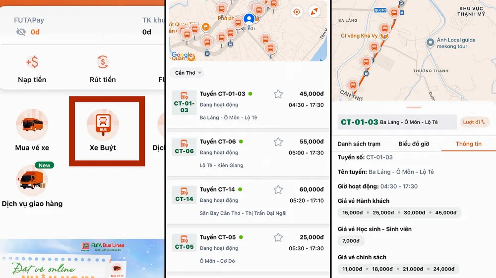 Với app FUTA trên điện thoại di động, người dân có thể tra cứu các thông tin toàn bộ các tuyến, lịch trình, giờ đi - đến của các xe buýt, giá từng chặng và giá suốt tuyến, biểu đồ giờ cho từng tuyến cụ thể… xe-buyt-can-tho-2025-3.jpg