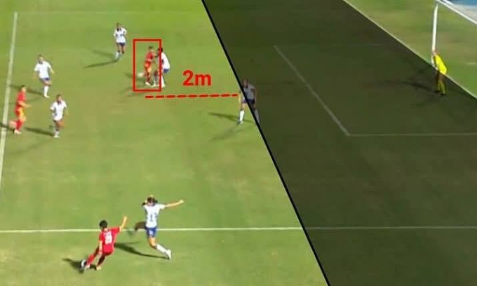 Tình huống Bích Thùy (trong hình chữ nhật đỏ) bị thổi việt vị trong trận. Ảnh: chụp màn hình